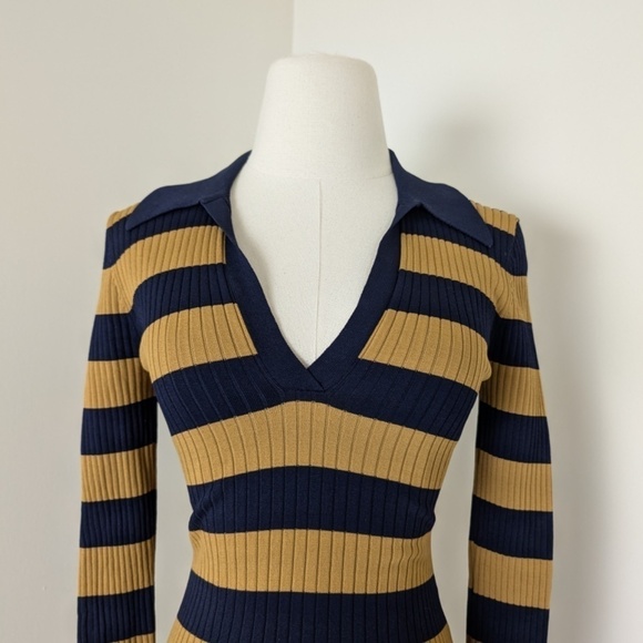 Striped Ribbed Mini Dress Long Sleeve 70’s Style Twik Soft Bodycon Tight Fitted - Picture 7 of 14